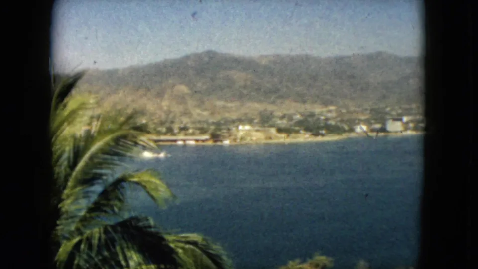 1962 Acapulco frame with palm fronds along the left side, blue bay water, distant coast, and hazy mountains.
