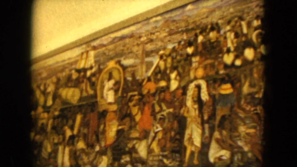 1962 Acapulco 8mm frame shows the mural from a slightly closer angle, with painted figures and visible film-gate intrusion.