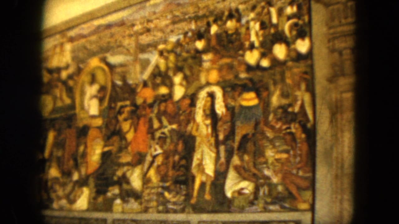 Framed religious painting with many figures and dark film borders.