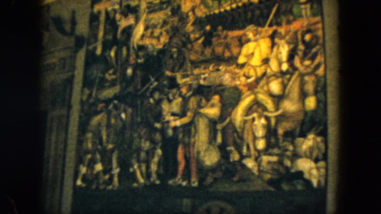 Large colorful mural with mounted riders and standing figures framed by dark 8mm borders.