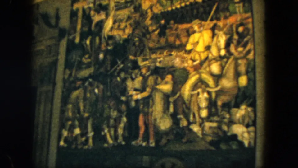 1962 Acapulco home-movie frame showing a large mural with horses, riders, standing figures, and warm gold highlights.