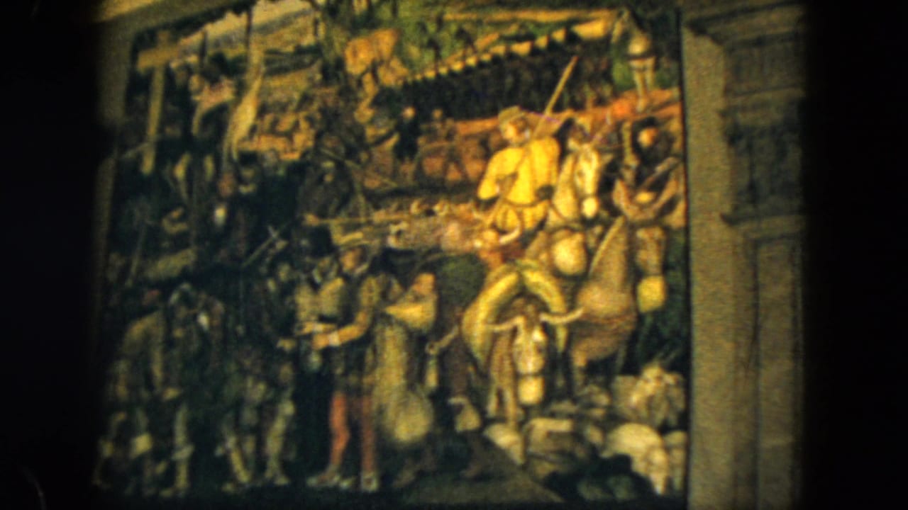 1962 Acapulco frame of a historic-looking mural section with mounted riders, figures in period dress, and warm painted tones.