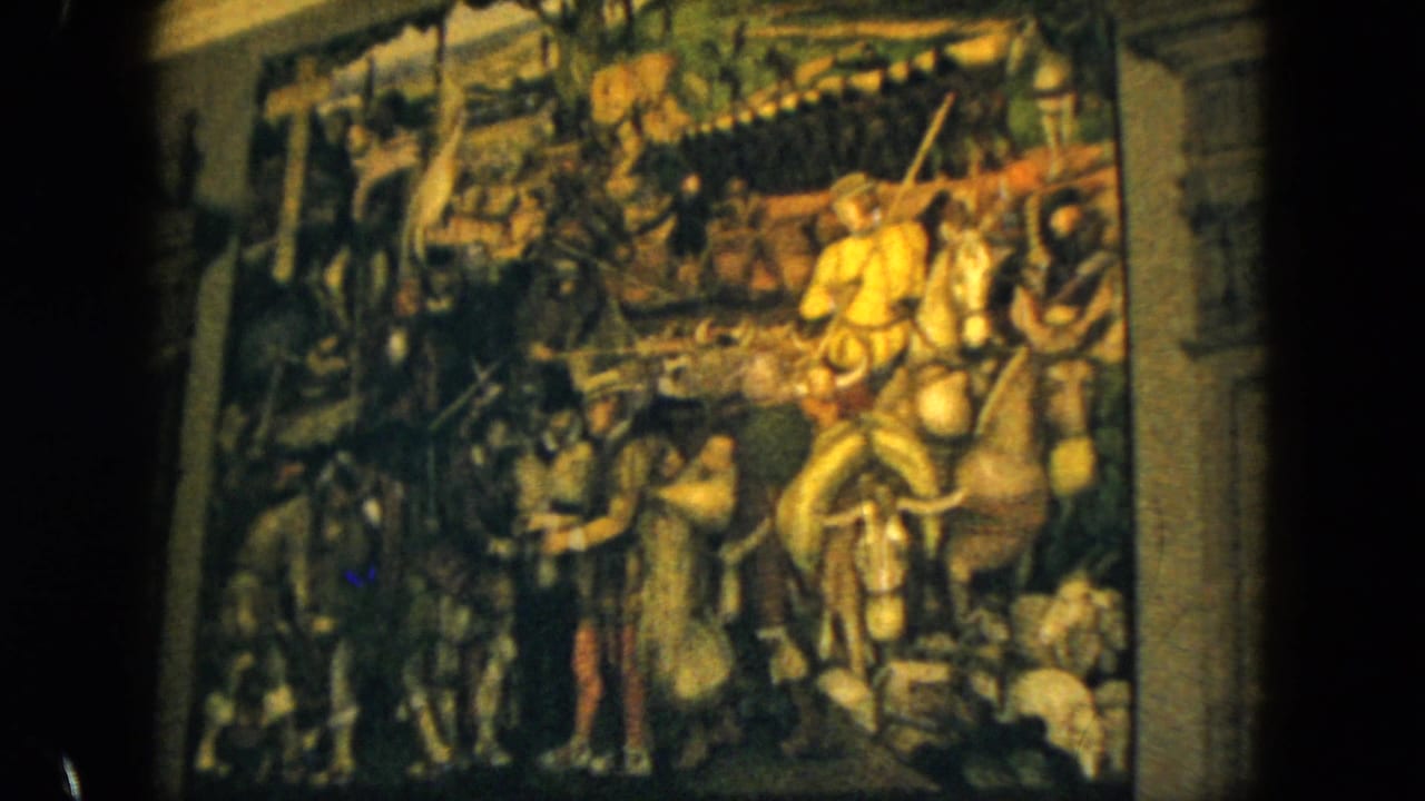 1962 Acapulco museum view of a medieval-style battle artwork, centered on a mounted knight, surrounding soldiers, and a dim wall display.