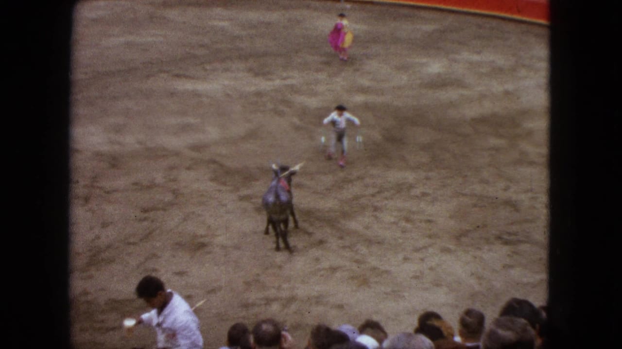 Bull and matador seen from high in a bullring, with spectators at the lower edge.