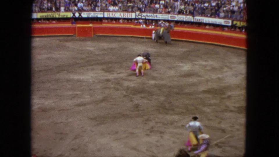 The bull moves in close as the matador works the pink cape, with another bullfighter visible near the lower edge.