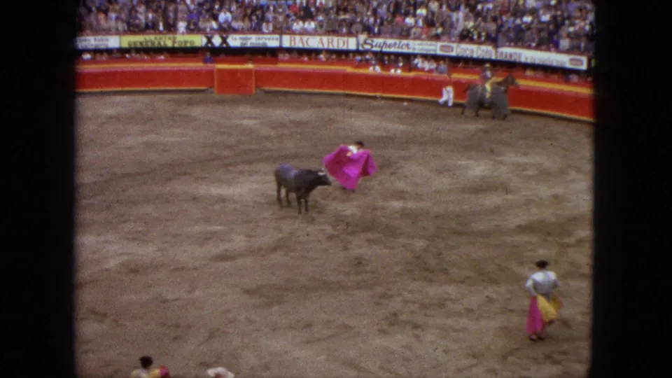The matador turns the bright pink cape near the bull while assistants and a packed crowd remain visible around the arena.