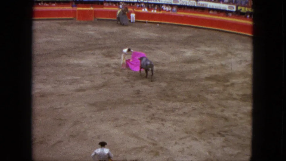 1962 Acapulco arena scene with a matador presenting a vivid pink cape to a dark bull as spectators line the red barrier.