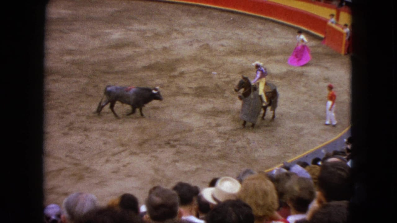 Bull approaches a horseback rider while a matador with a pink cape stands near the arena wall.