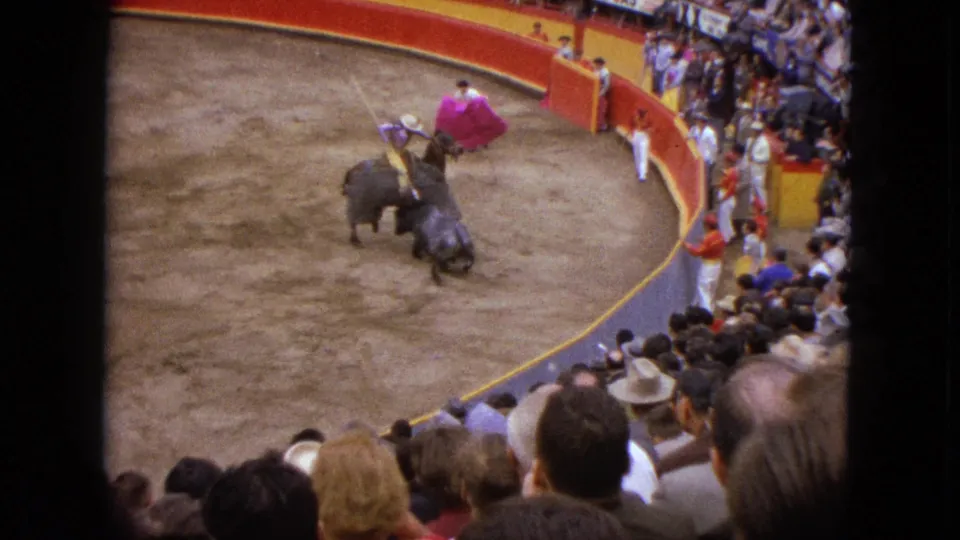 The bull appears low in the ring near the mounted rider, with a pink-caped matador, attendants, and spectators visible in Acapulco.