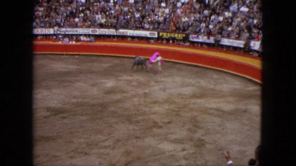 The matador pulls the pink cape aside as the bull passes in the Acapulco arena, with spectators and wall signage behind them.