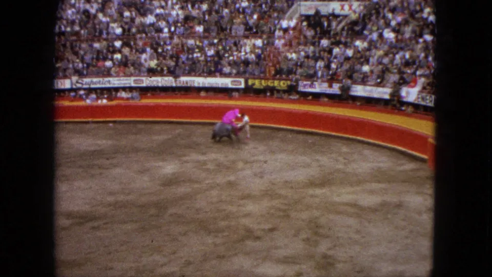 A close pass in the 1962 Acapulco bullring shows the matador bending with the pink cape as the bull turns beside him.