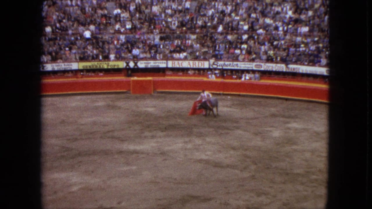 Matador with a red cape faces a bull in a crowded arena.