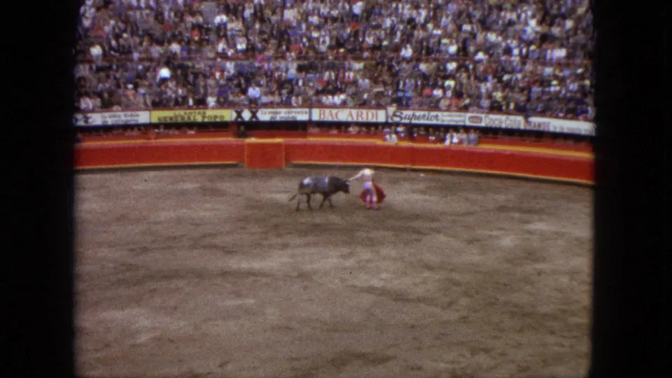 The matador stands close to the grey bull in the sandy Acapulco arena, with a crowded grandstand and commercial signs across the background.