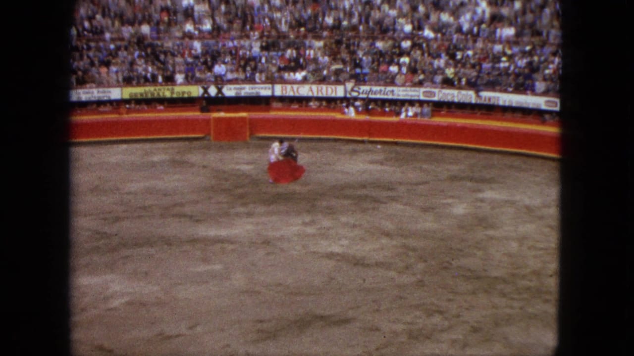 Matador with a red cape faces a bull in a crowded arena.