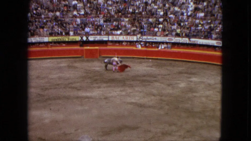 The bull and matador converge near the red cape in the Acapulco bullring, framed by a packed crowd and red arena barrier.