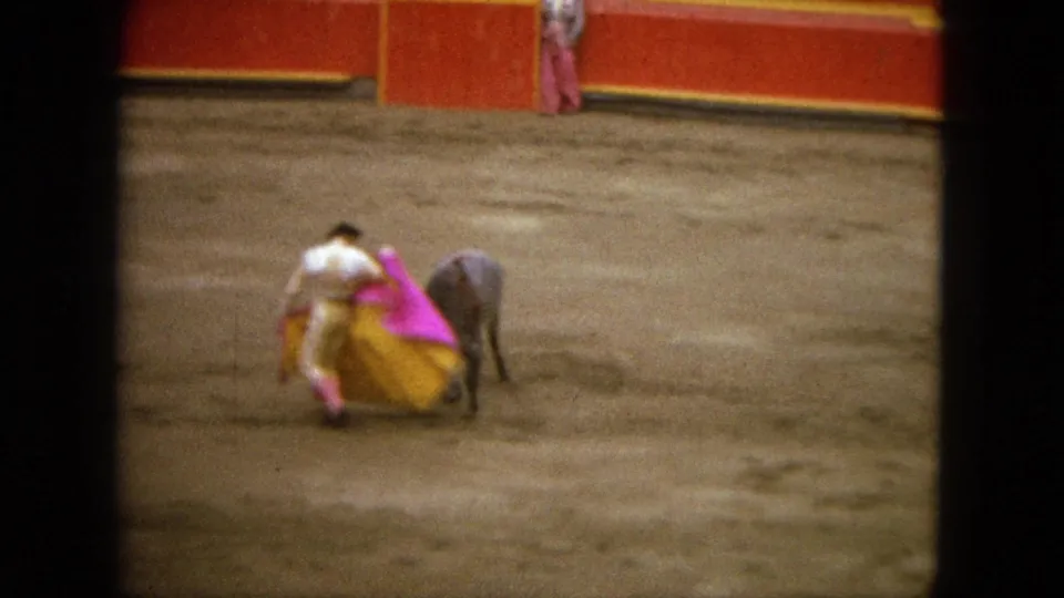 A matador in white and pink works the yellow-and-pink cape as the bull turns close in the Acapulco arena.