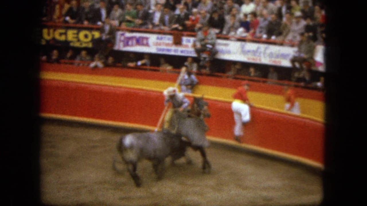 Bull closes in on a mounted fighter near the arena wall.