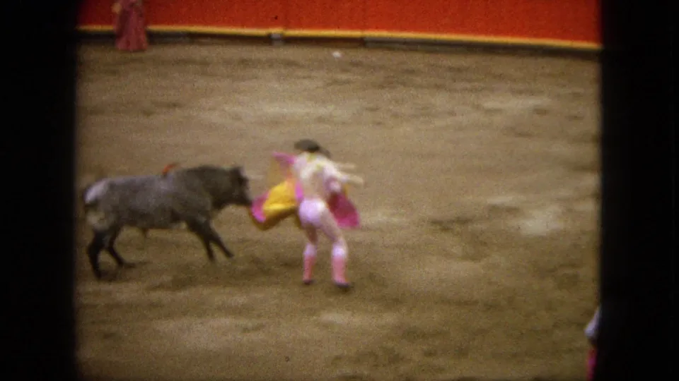 The bull turns toward the matador, who holds the cape at a distance on the sandy floor of the Acapulco bullring.