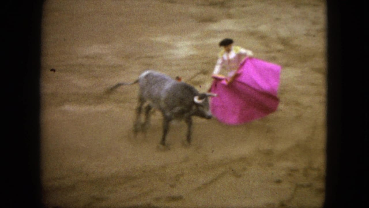 A matador holds a pink cape in front of a grey bull on the sandy arena floor.