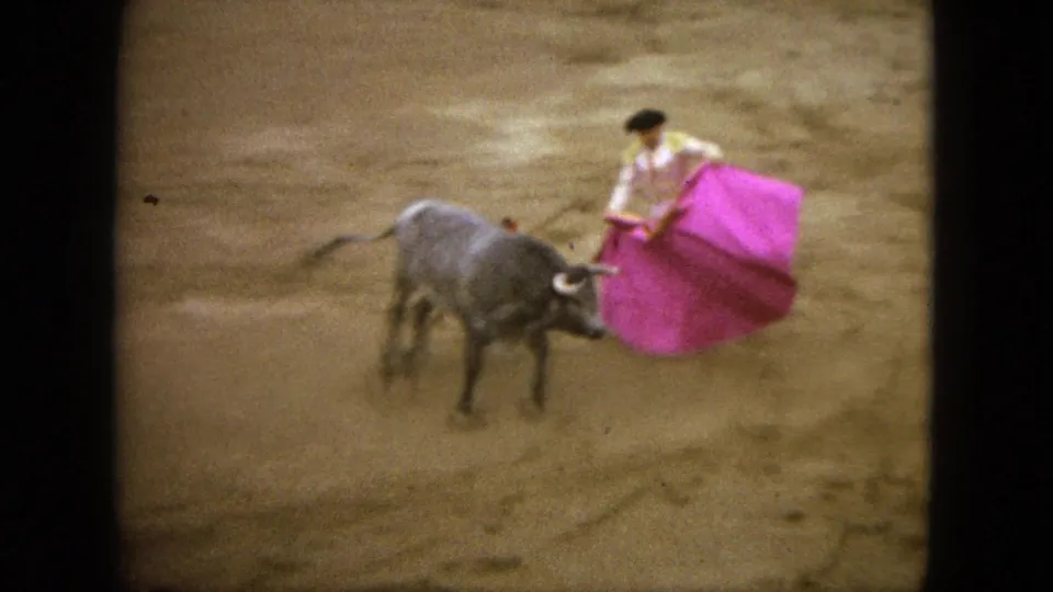 1962 Acapulco bullfight frame with a matador in light dress guiding a grey bull using a bright pink cape.