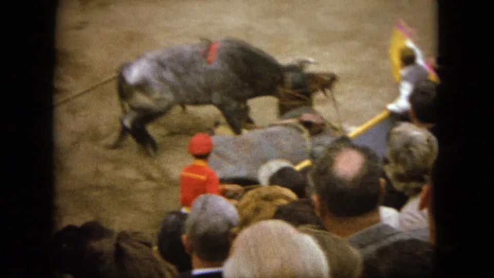 A bull moves through the dusty Acapulco bullring while matadors or handlers with red and yellow capes intervene nearby.