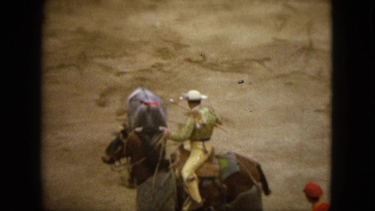 Grey bull stands near mounted riders, with a spectator in red at the arena edge.