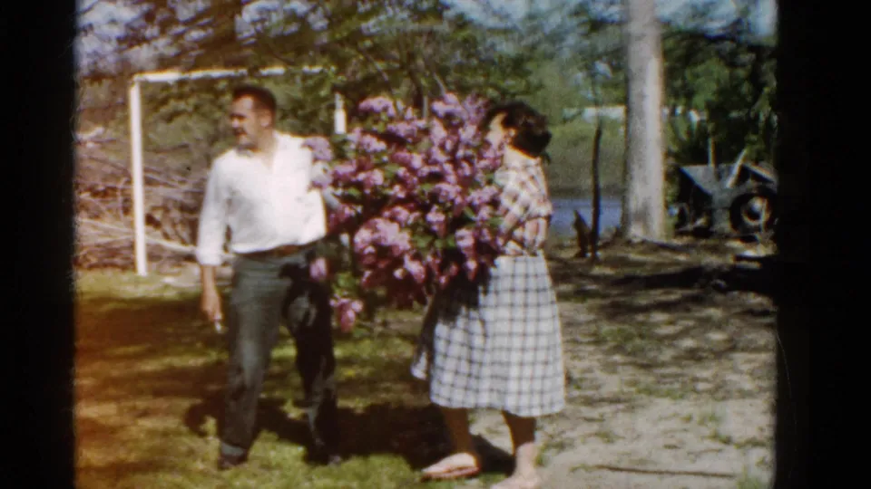 In the final frame, the man looks toward the woman with purple lilacs in a sunlit Wauconda backyard.