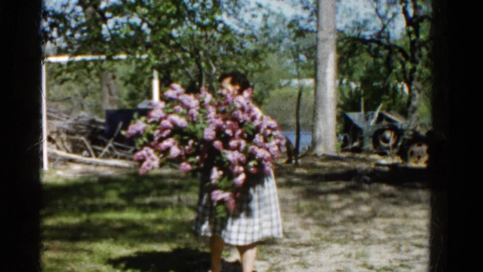 A woman in a plaid dress is partly hidden by a large lilac bouquet in a Wauconda backyard, with trees and yard equipment behind her.