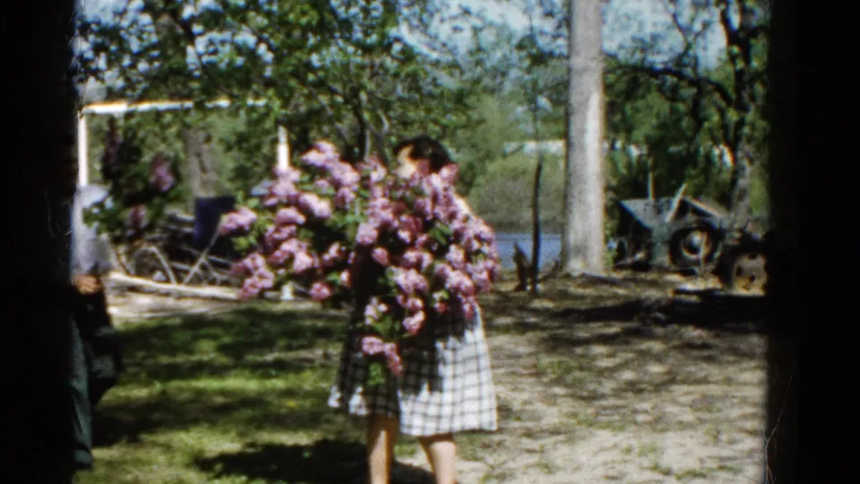 The woman continues carrying a large bouquet of purple lilacs through the Wauconda yard as another adult is partly visible at left.