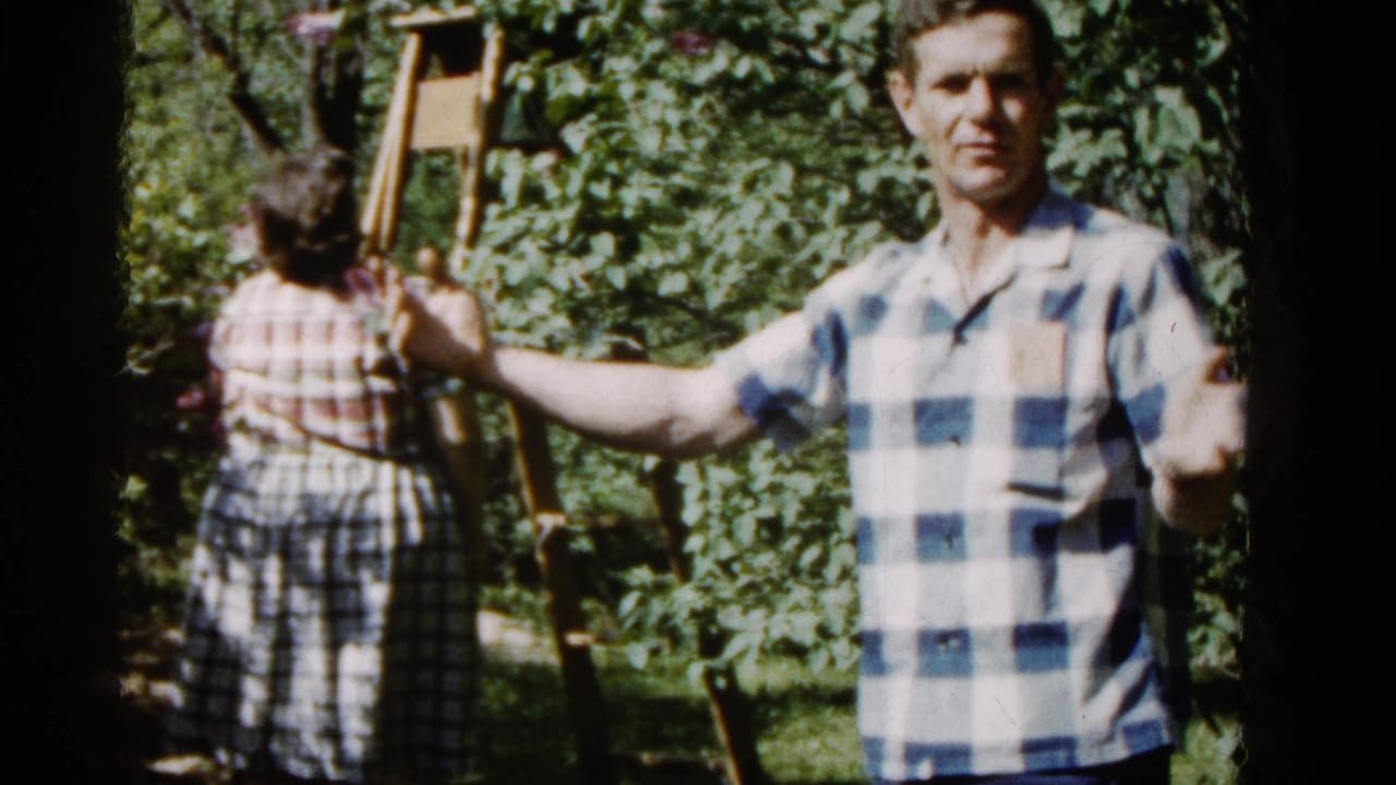 In 1961 Wauconda, Illinois home-movie footage, a man in a blue check shirt gestures as a woman in a plaid dress tends purple flowers.