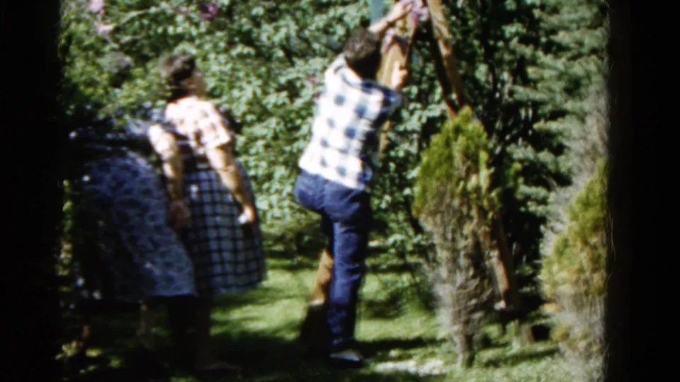 1961 Wauconda home-movie frame showing two women in patterned dresses watching a man climb a wooden ladder in a green backyard garden.