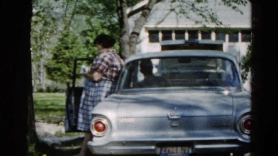 The silver sedan remains parked in a leafy Wauconda yard as the woman stands by the open door and a seated figure is visible through the window.
