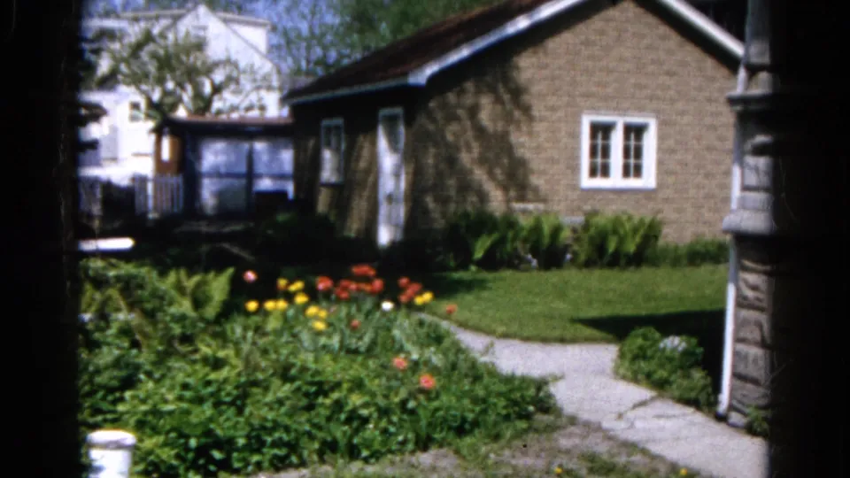 1961 Wauconda home-movie frame showing tulips, shrubs, a concrete path, lawn, and the side of a brick bungalow.