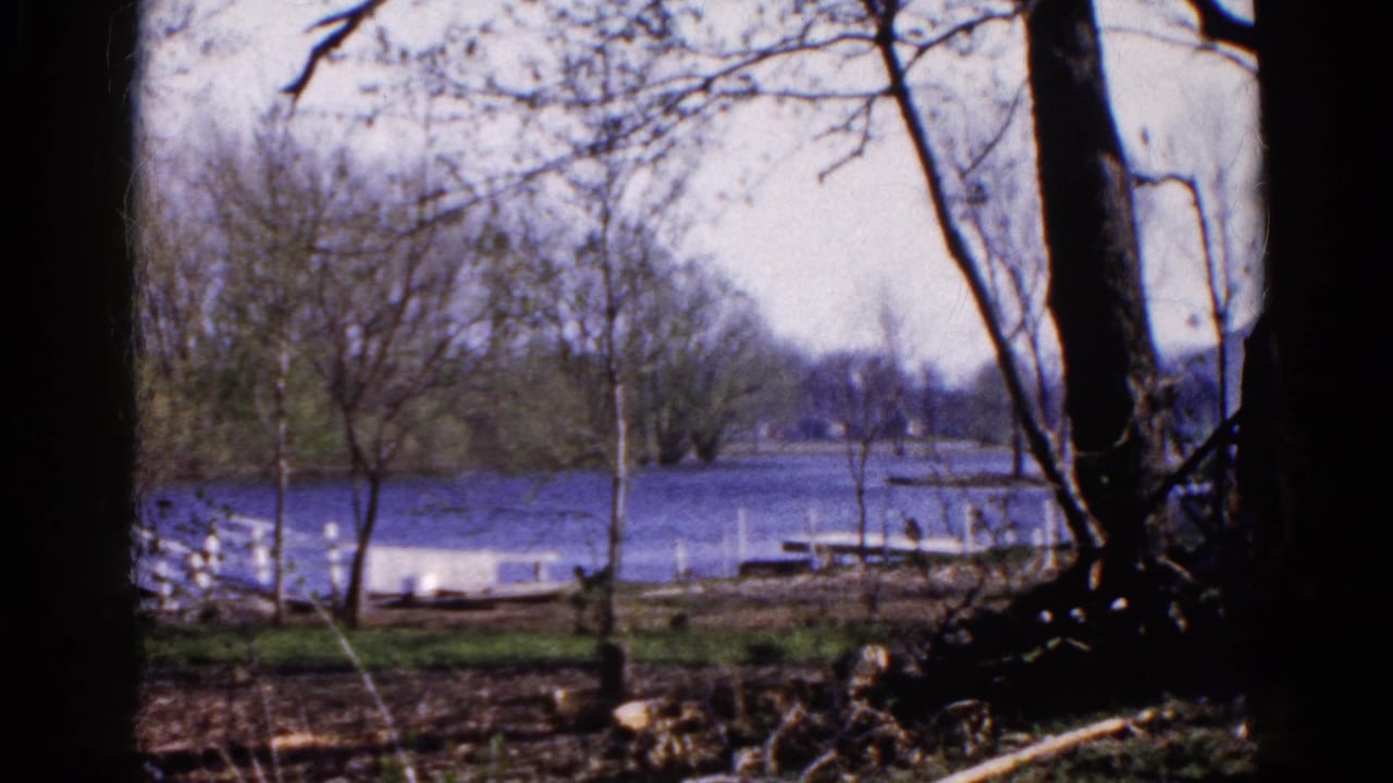 1961 8mm view in Wauconda, Illinois, looking through bare trees toward a calm blue lake and small docks.