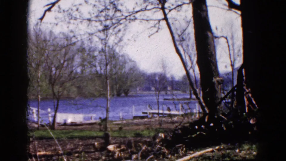 1961 Wauconda lakeside view through dark foreground trees, showing blue water, small docks, and a pale shoreline area.