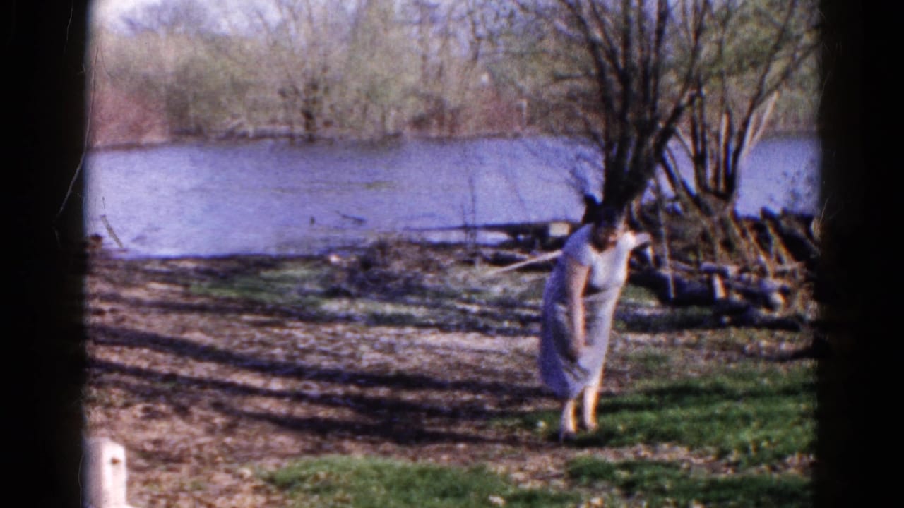 Woman in a pale dress stands on a grassy riverbank near trees and logs.