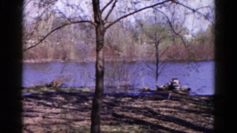 Wauconda lakeshore view from 1961 with bare trees, calm water, far-bank brush, and shaded ground near the shore.