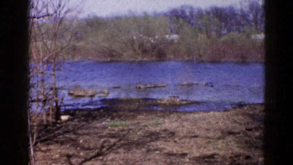1961 Wauconda, Illinois home-movie frame of a muddy lakeshore, scattered logs, blue water, and trees across the water.