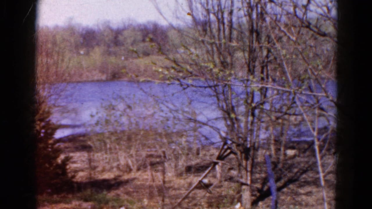 1961 Wauconda, Illinois 8mm frame showing leafless trees and brush along a blue body of water.