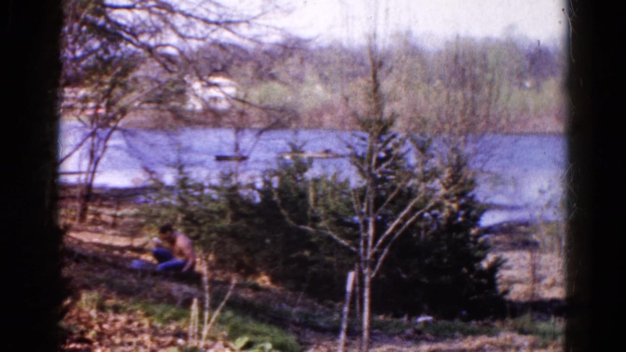 1961 Wauconda, Illinois 8mm frame showing an adult seated near a calm river, with bare trees, shrubs, and a distant treeline.