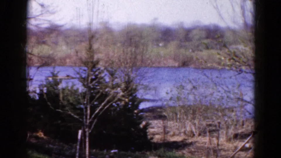 1961 Wauconda, Illinois 8mm frame showing the riverbank landscape, reeds, shrubs, bare trees, and distant shoreline.