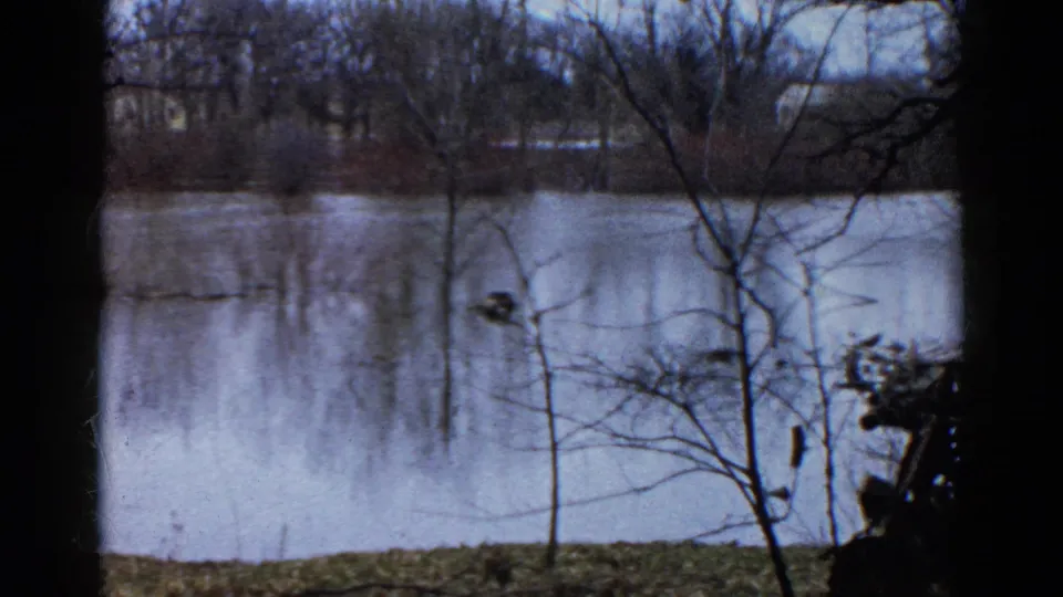 1961 Wauconda, Illinois frame showing the quiet lake through leafless branches, grassy bank, reflections, and a dark object near the right edge.