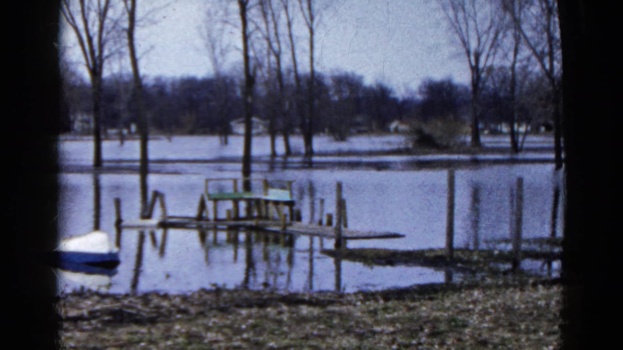Floodwater surrounds bare trees, a wooden dock, and a small green bench near shore.