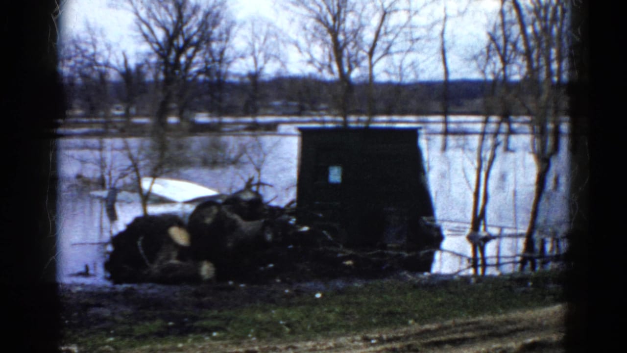 1961 Wauconda, Illinois 8mm view of a flooded lakeside edge with a dark shed-like structure, cut logs, and bare trees.