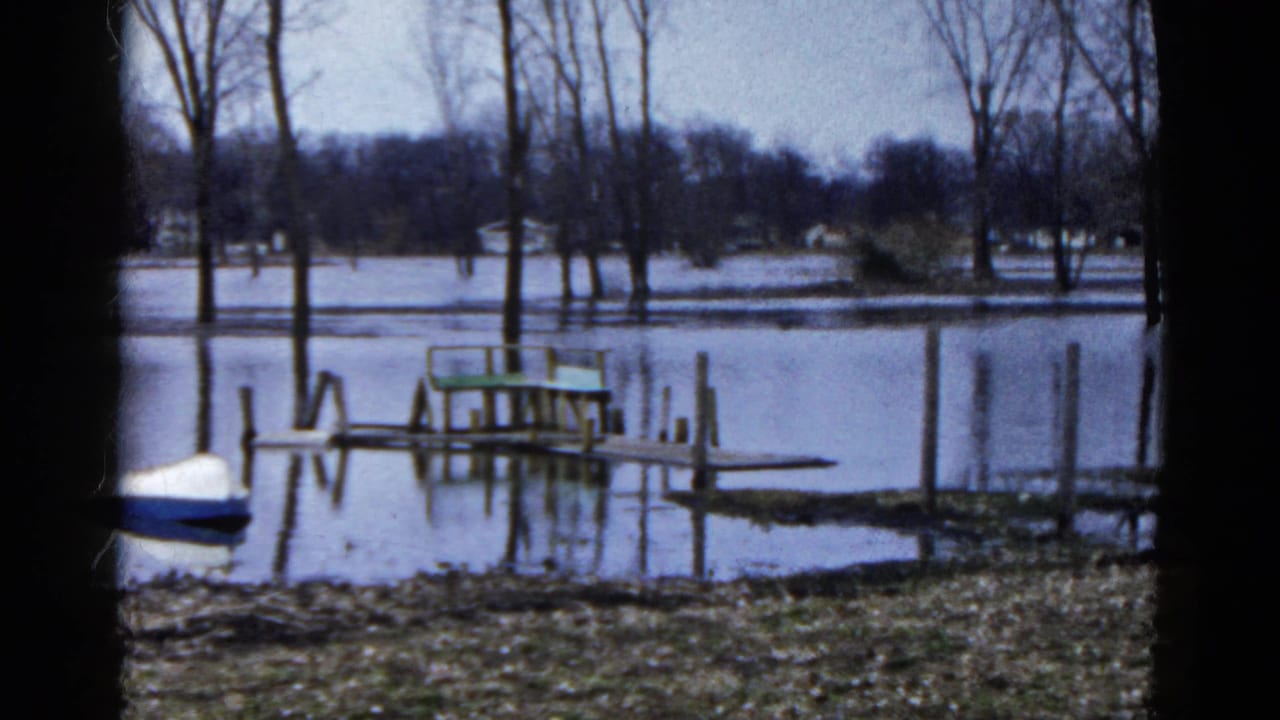 Partially submerged pier and green bench reflected in calm water near leafless trees.