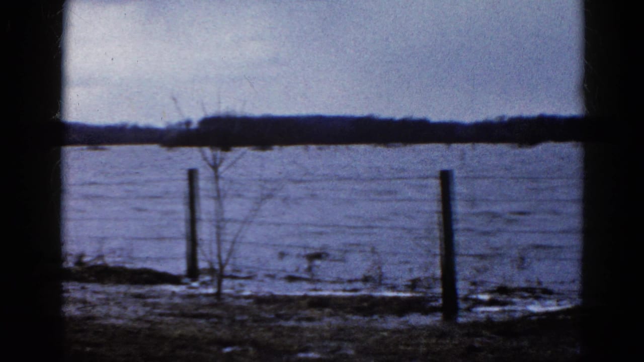 Frozen lake seen through a dark window frame with fence posts, barbed wire, bare brush, and shoreline snow.