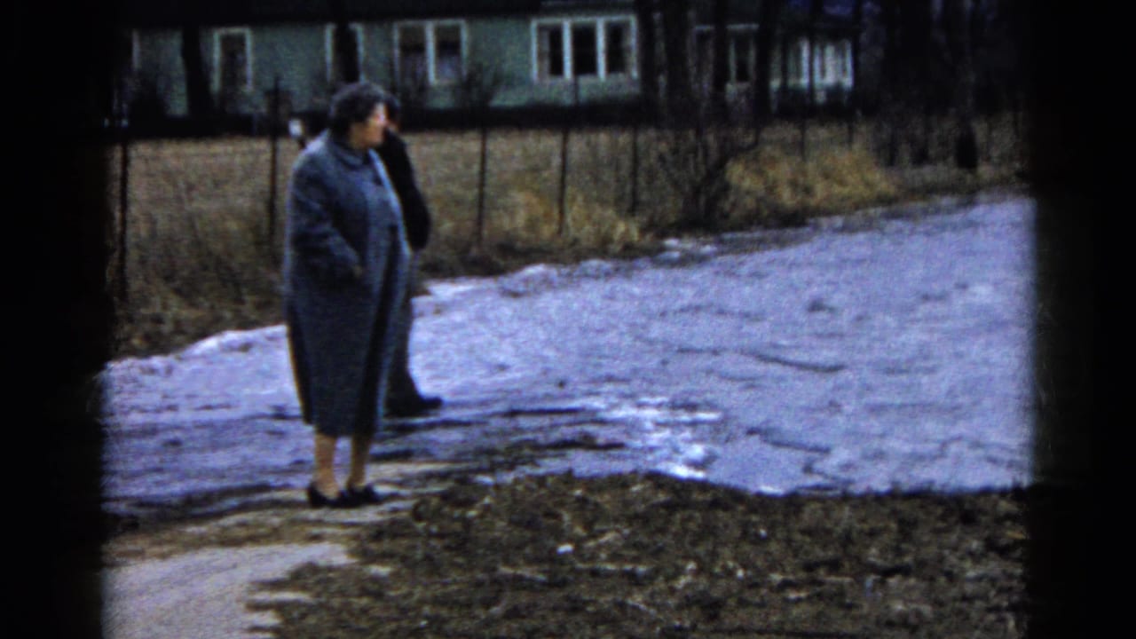 In Wauconda, Illinois, 1961, a woman in a long coat stands near a wet roadside as a house and bare trees sit in the background.