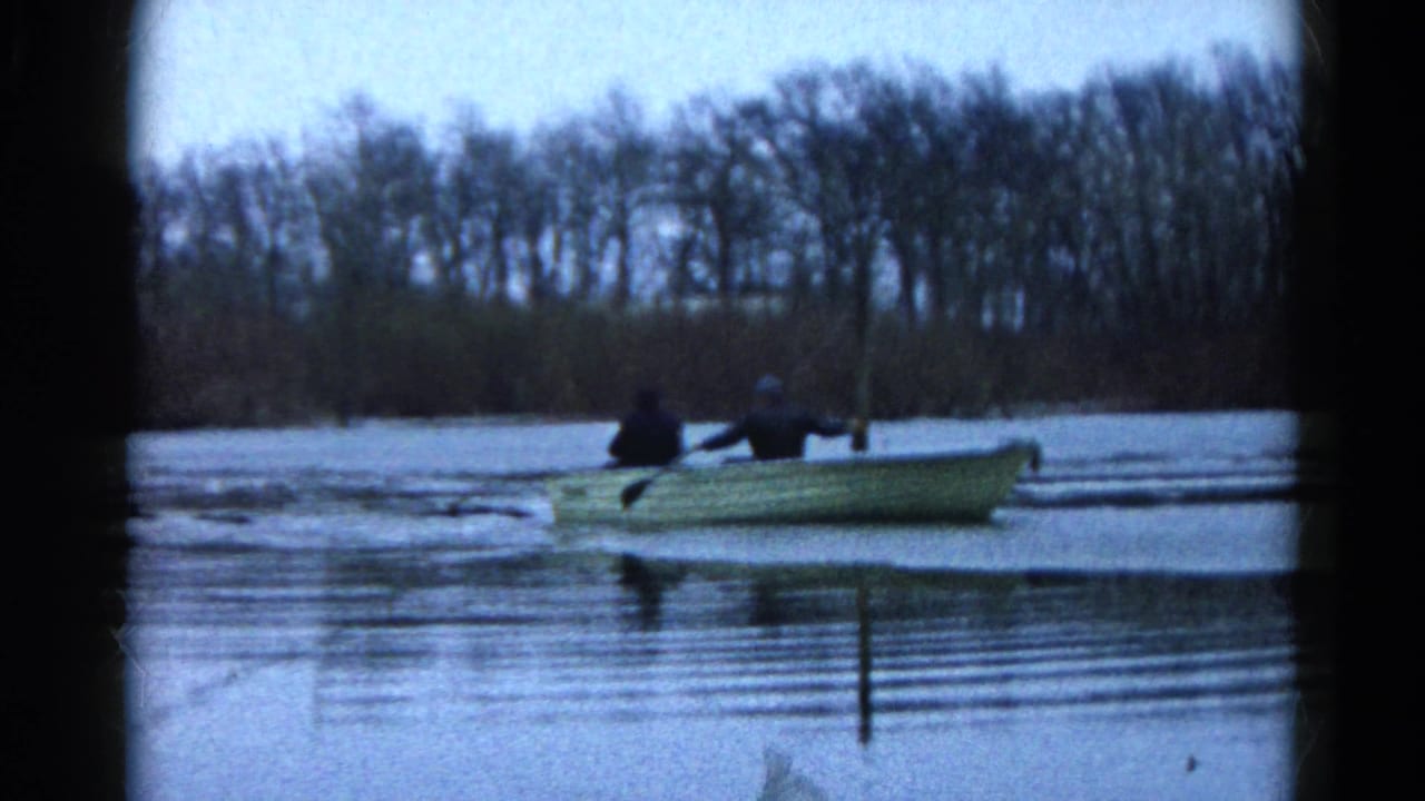 Two men in a small rowboat move across calm water near a bare tree-lined shore.