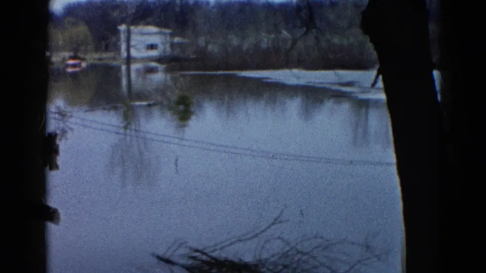 Wauconda flood scene on 8mm film, with still water, a distant house, trees, utility lines, and a dark foreground trunk.