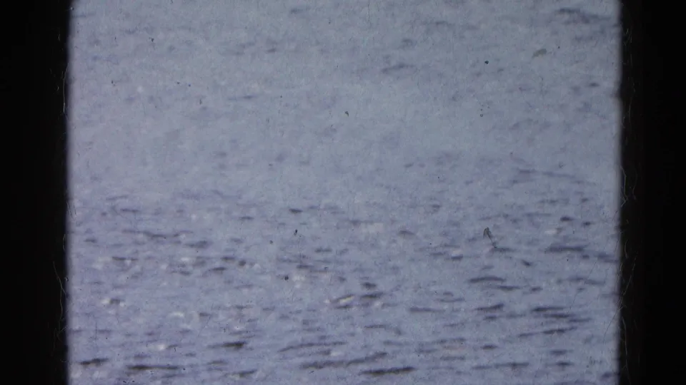 Close 8mm view of moving lake water in Wauconda, Illinois, with a dark window or door frame cutting through the scene.